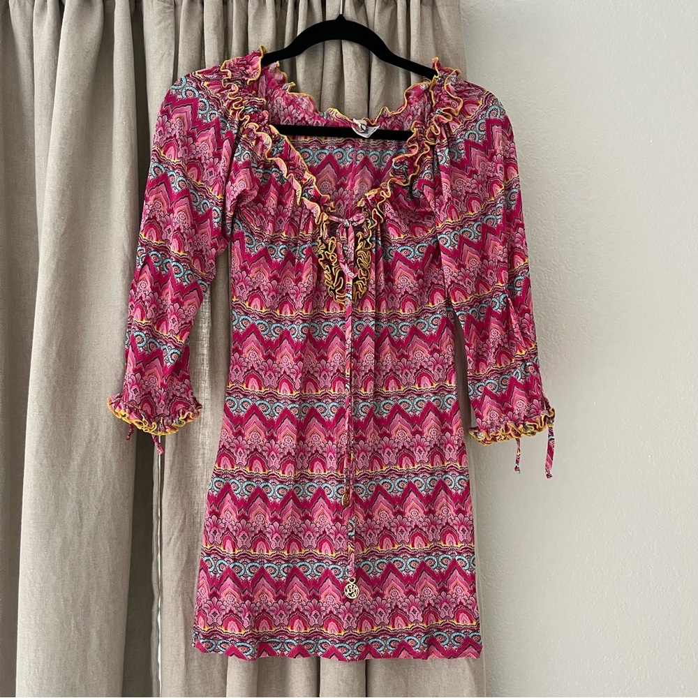 Luli Fama Ruffle V Neck Dress Pink Mini Swim Coverup Dress
